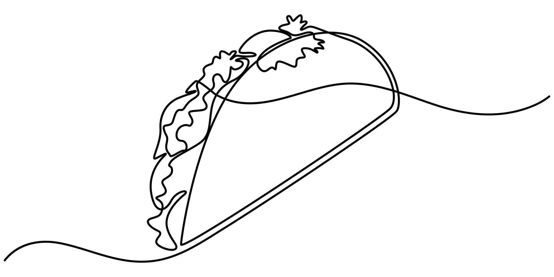 continuous single drawn one line taco hand-drawn picture silhouette Mexican food tacos vector