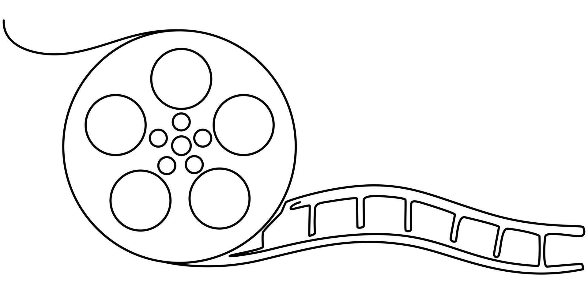 One continuous line drawing of film reel with long tape. Retro old movie and cinema vector