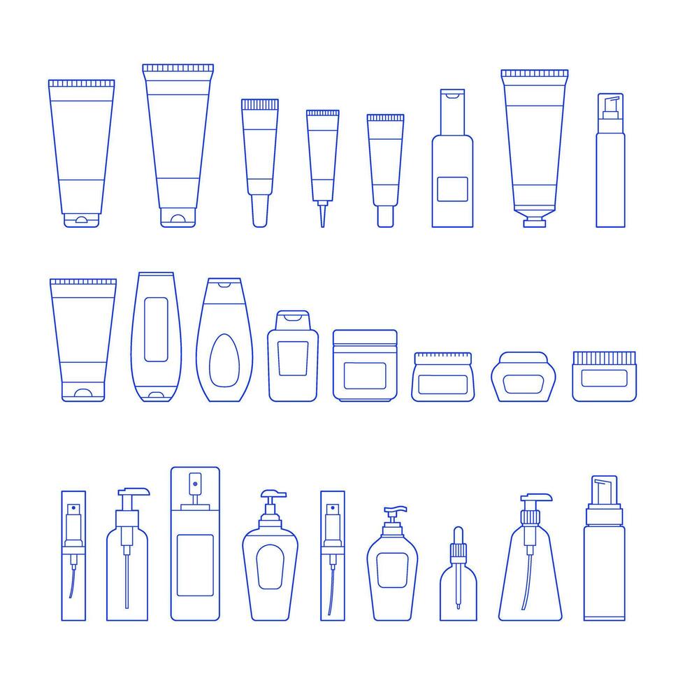 Collection of illustrations of cosmetics packaging in flat outline style vector