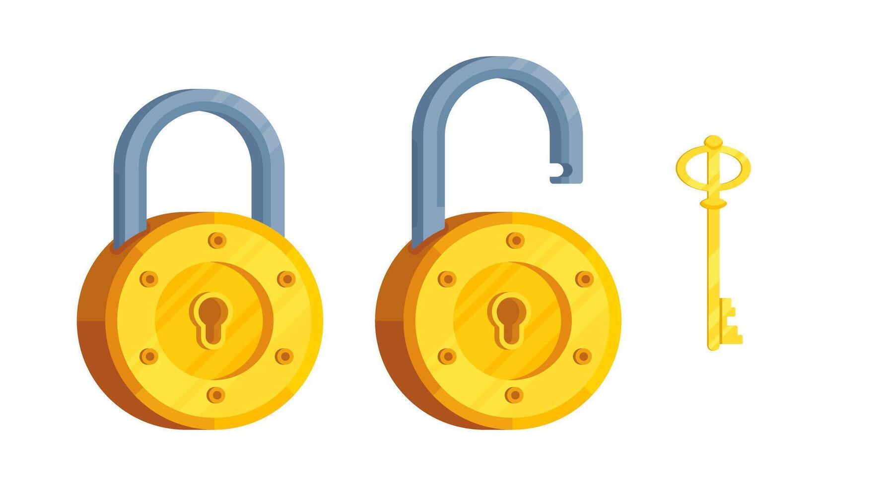 Isometric Illustration of detailed round locks with open and closed lock and key vector