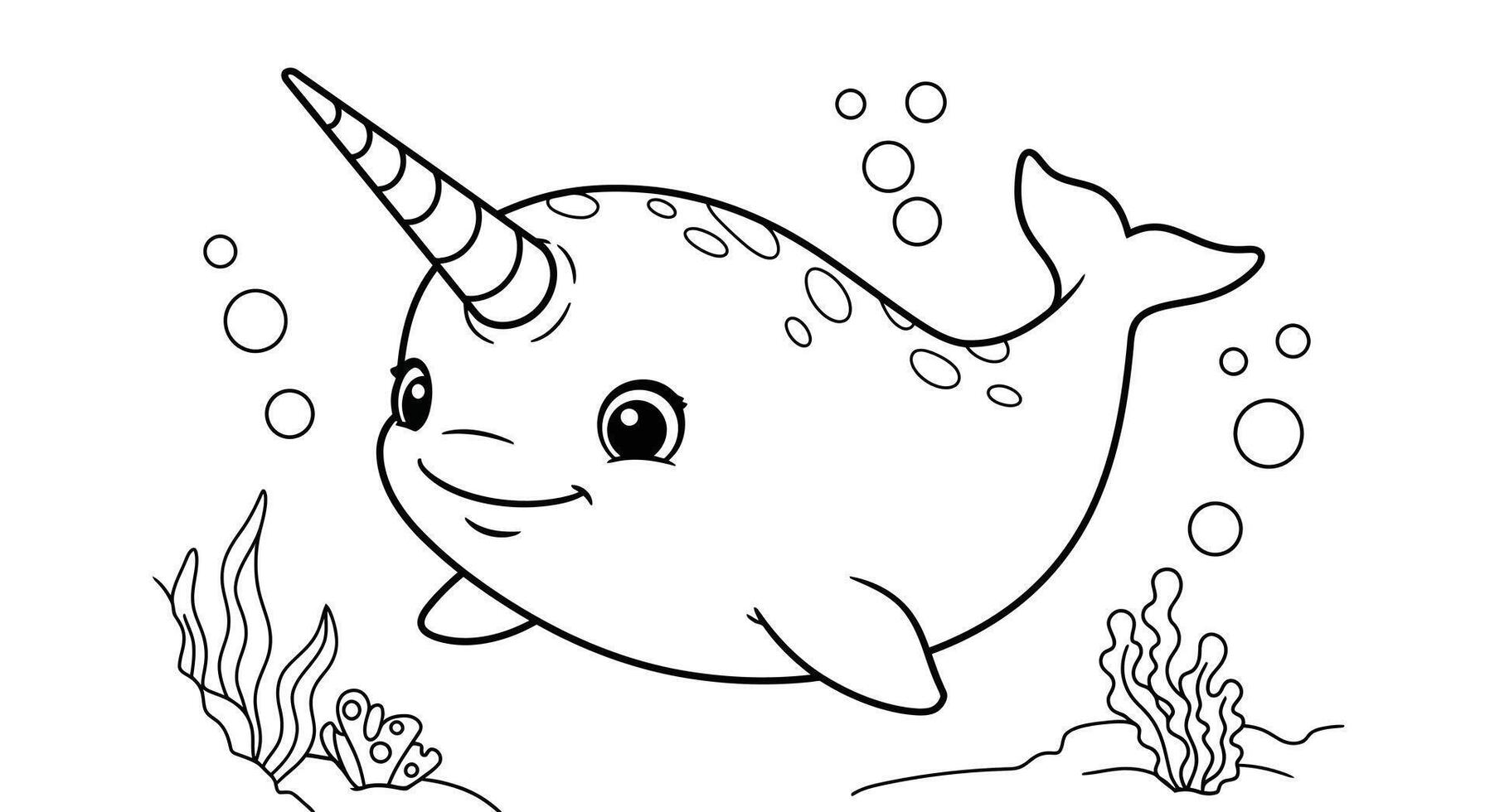 Enchanting Baby Narwhal Marine Animal Cartoon Character Kids Outline Coloring Page vector