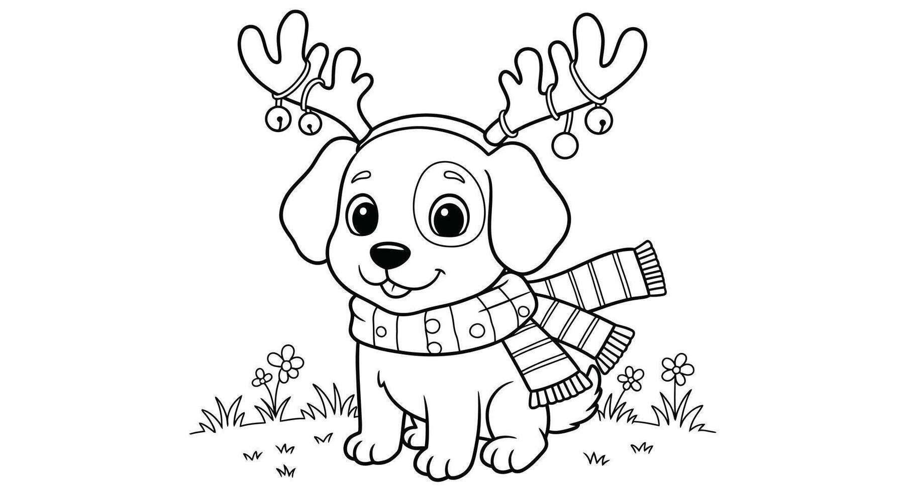 Festive Christmas Dog with Antlers Cute Coloring Page for Children vector