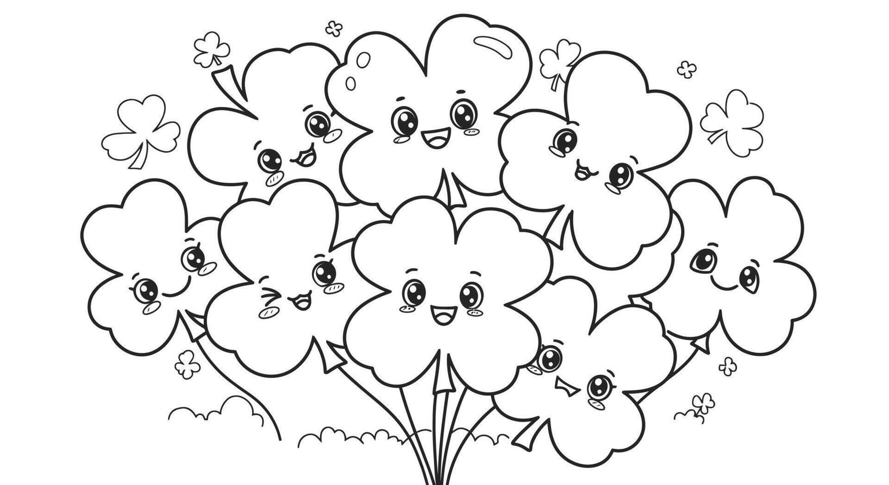 Fun cartoon style shamrock shaped balloon cluster outline illustration for children st patricks day coloring vector