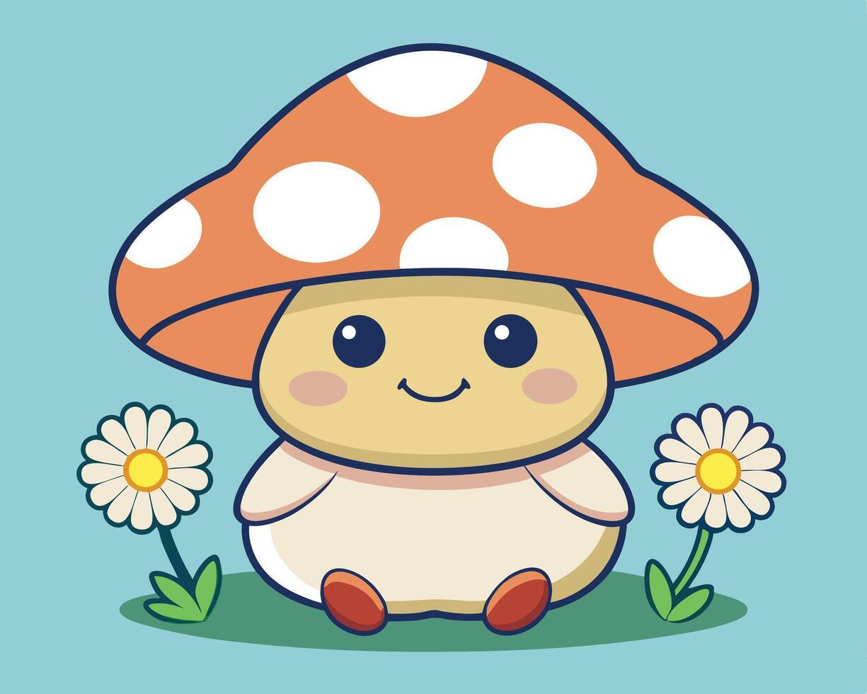 Cute Cartoon Mushroom Character with Flowers on a Light Blue Background vector
