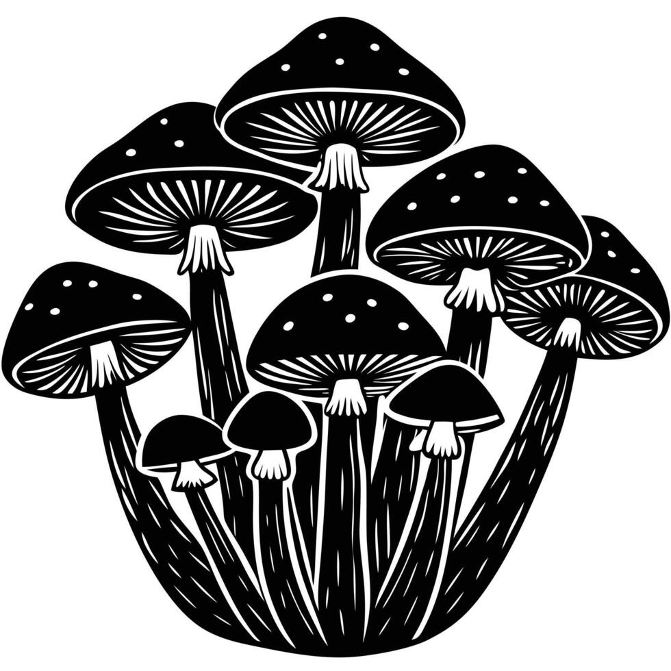 Monochrome Mushroom Cluster Illustration with Spotted Caps and Radial Gills vector