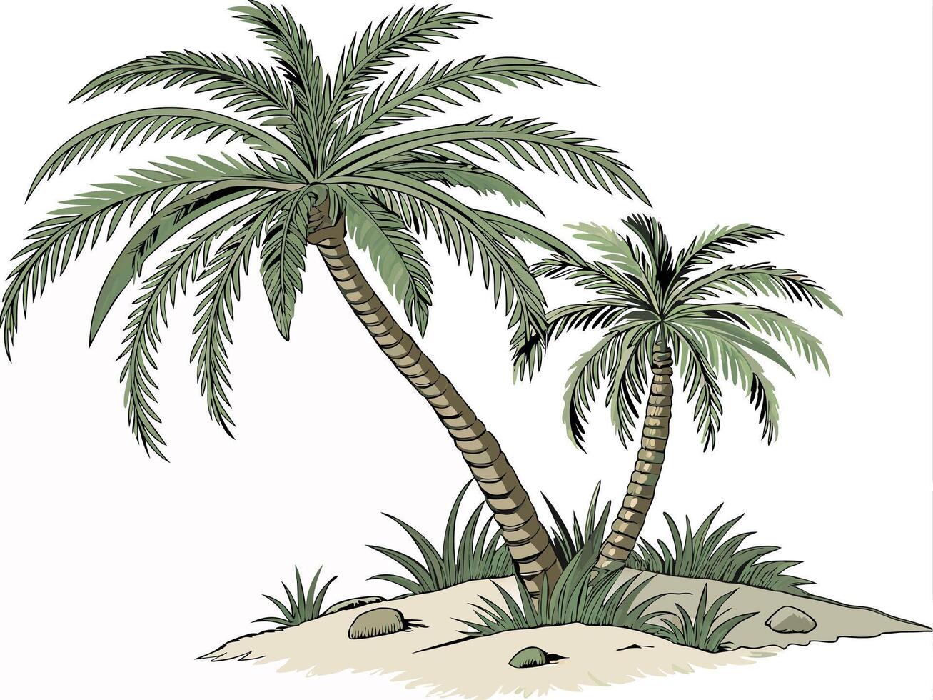 Tropical Palm Trees on a Sandy Island with Green Grass Illustration vector