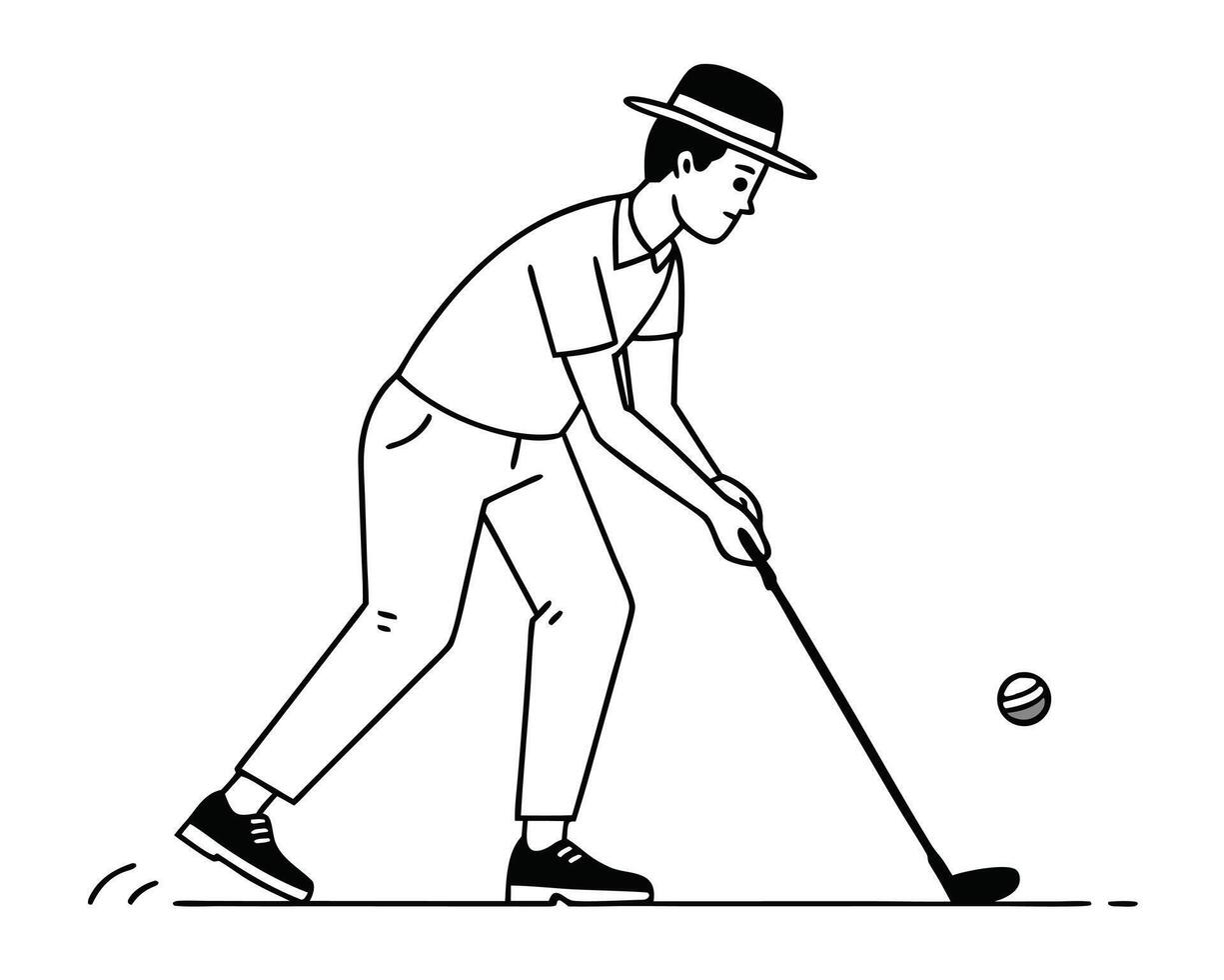 Man in Hat Playing Golf Black and White Line Art vector