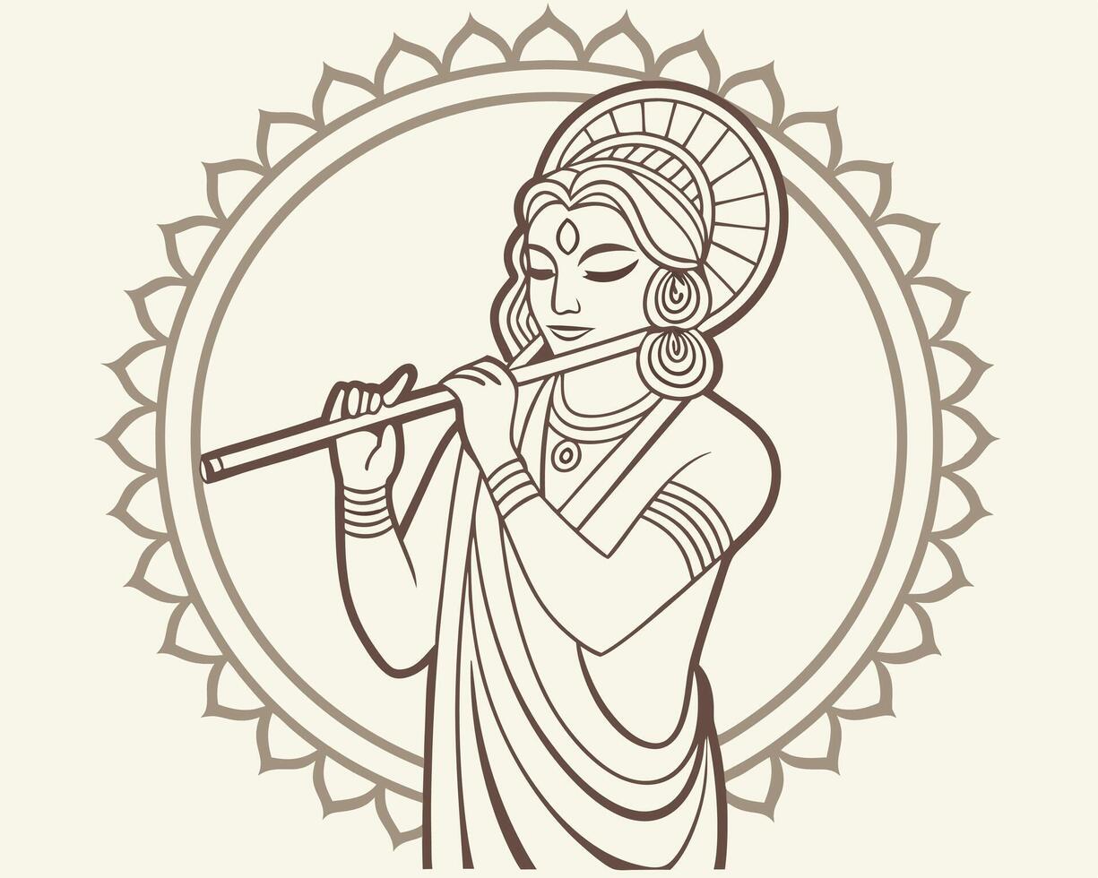 Elegant depiction of Krishna playing flute within a decorative circular frame vector