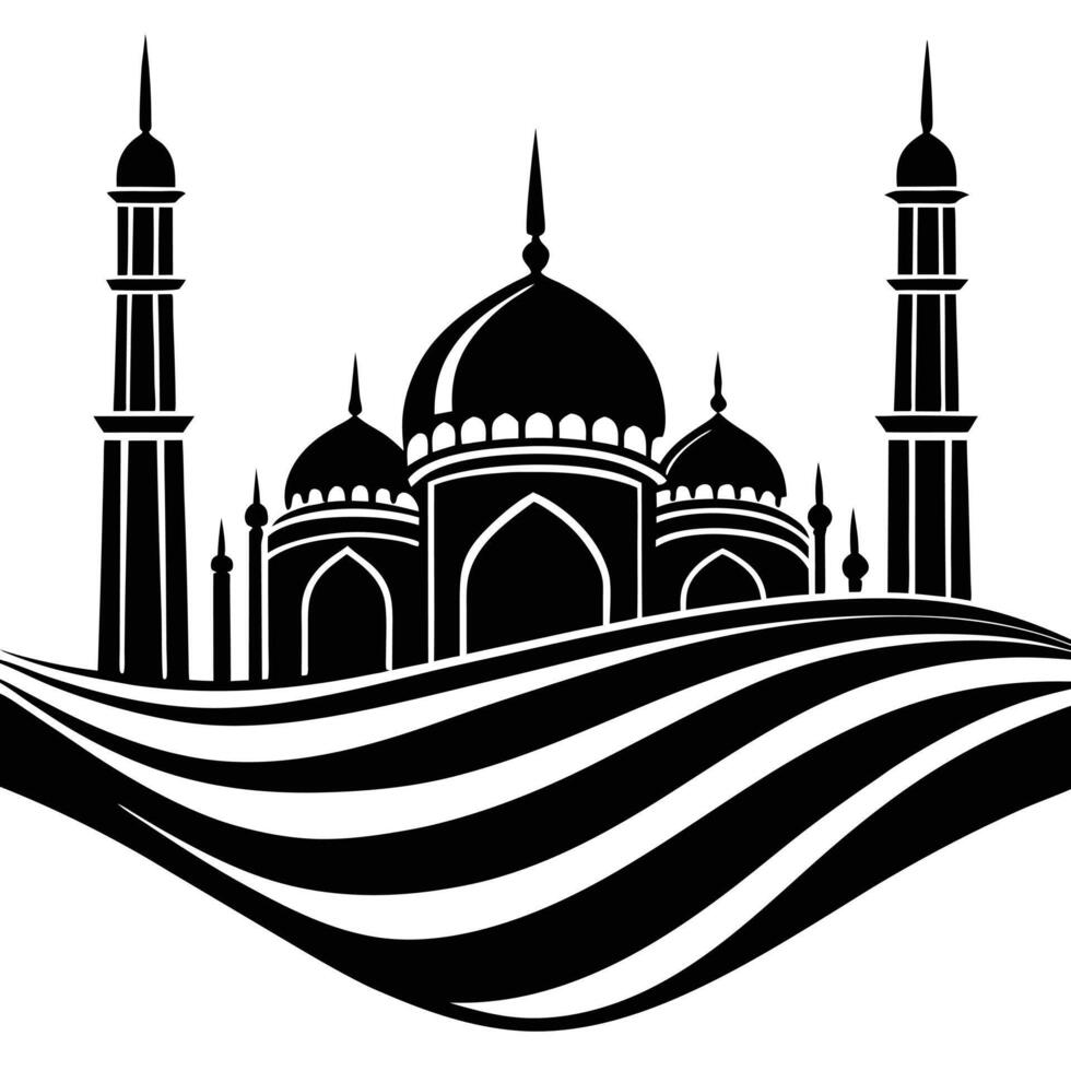 Elegant Black and White Mosque Silhouette with Flowing Lines Illustration vector