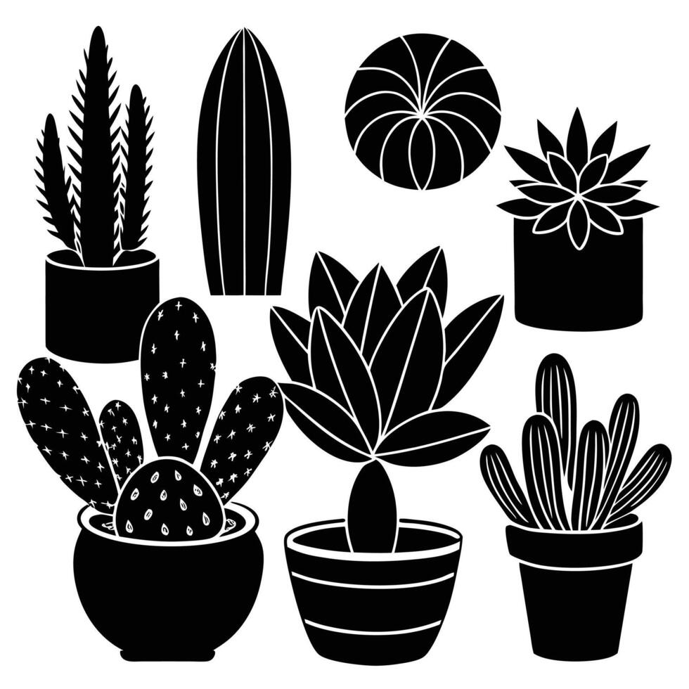 Black and White Silhouette Illustration of Various Potted Cactus and Succulent Plants vector