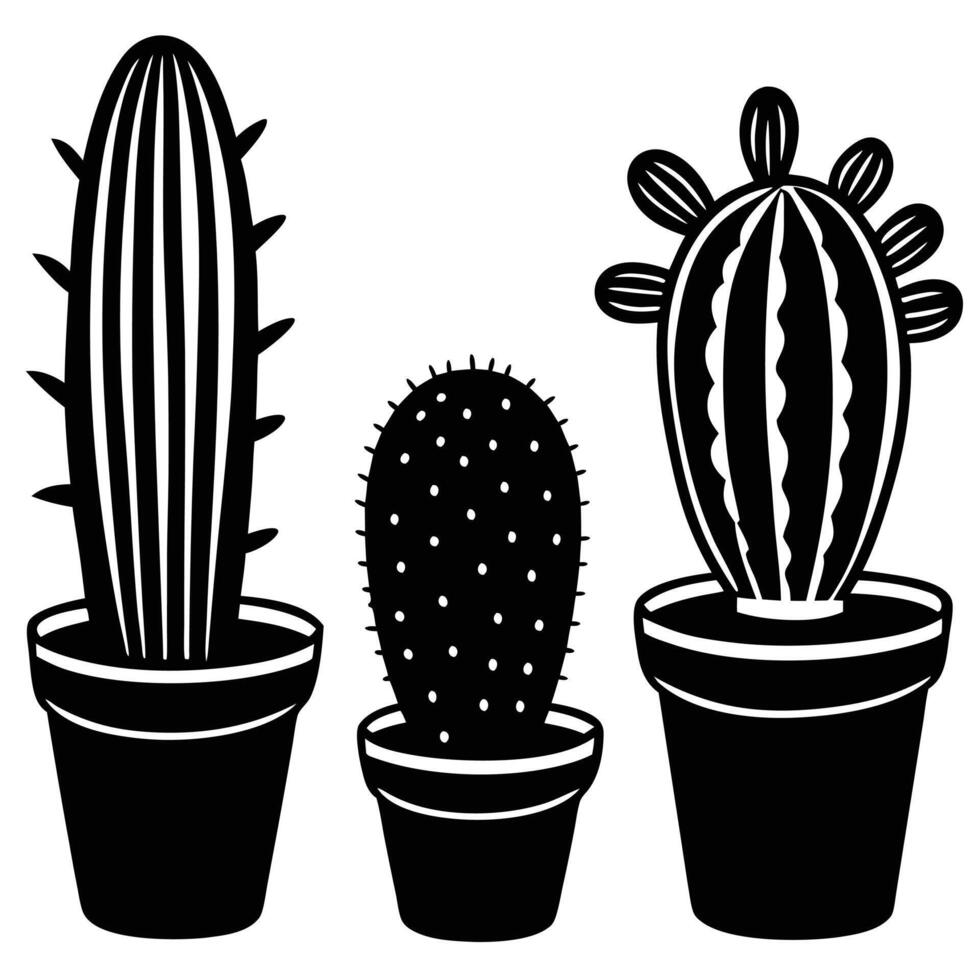 Black and White Silhouette Illustration of Three Potted Cacti Plants vector