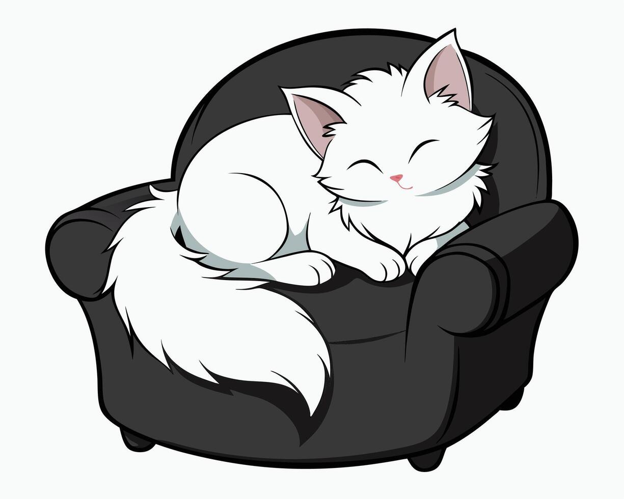 Cute White Cartoon Cat Curled Up Asleep on a Black Armchair vector