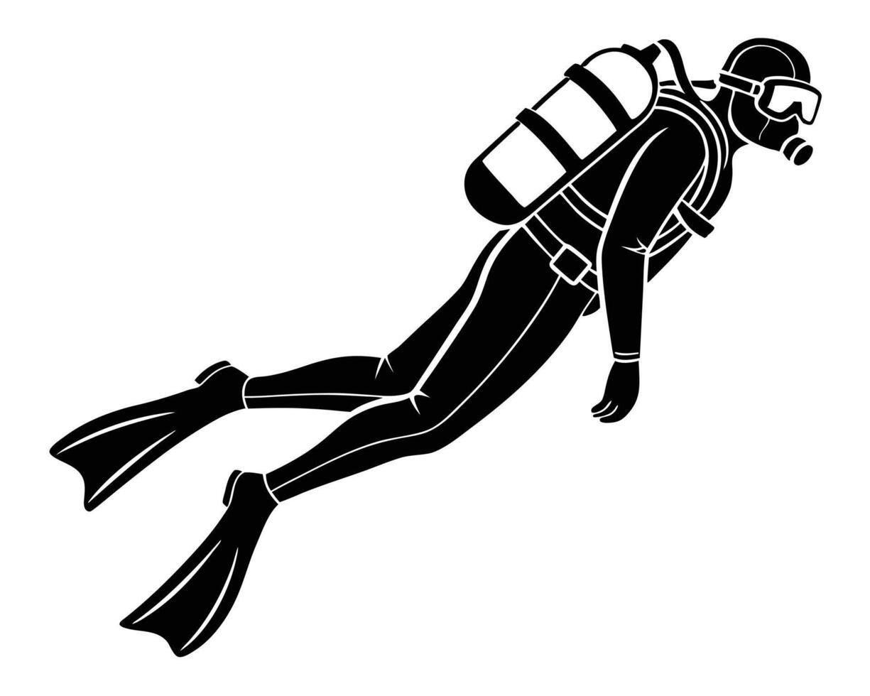 Silhouette of a Scuba Diver Swimming Underwater with Gear vector
