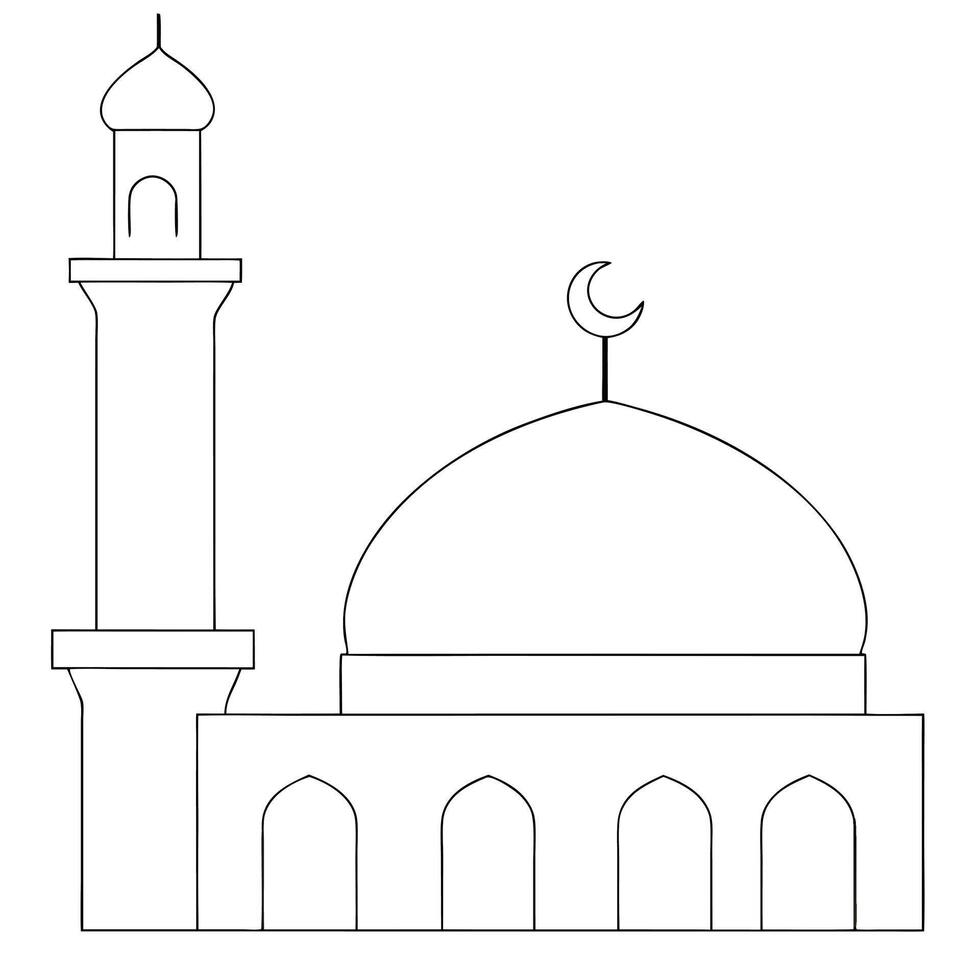 Simple Black and White Outline of a Mosque with Minaret and Crescent Moon vector