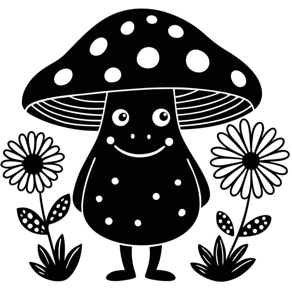 Cartoon Mushroom Character with Flowers in Black and White Illustration vector