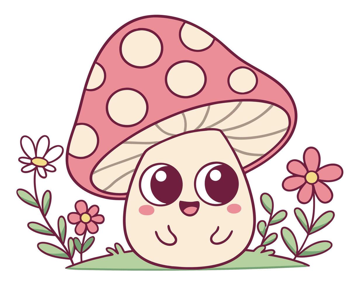 Cute Cartoon Mushroom Character with Flowers and a Pink Polka Dot Cap vector