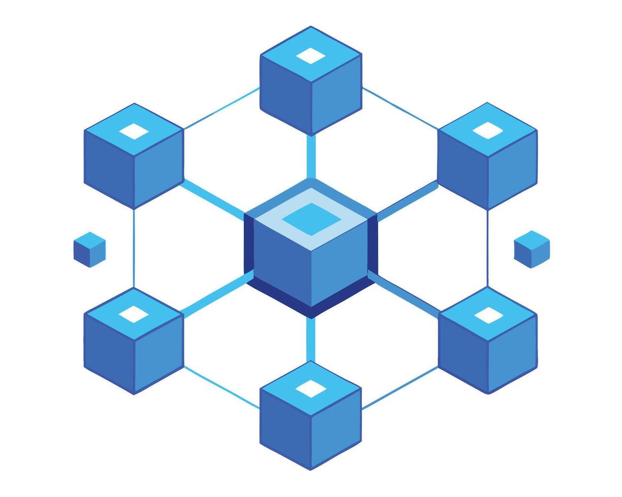 Isometric Blue Cube Network Decentralized System with Central Node and Peripheral Connections vector