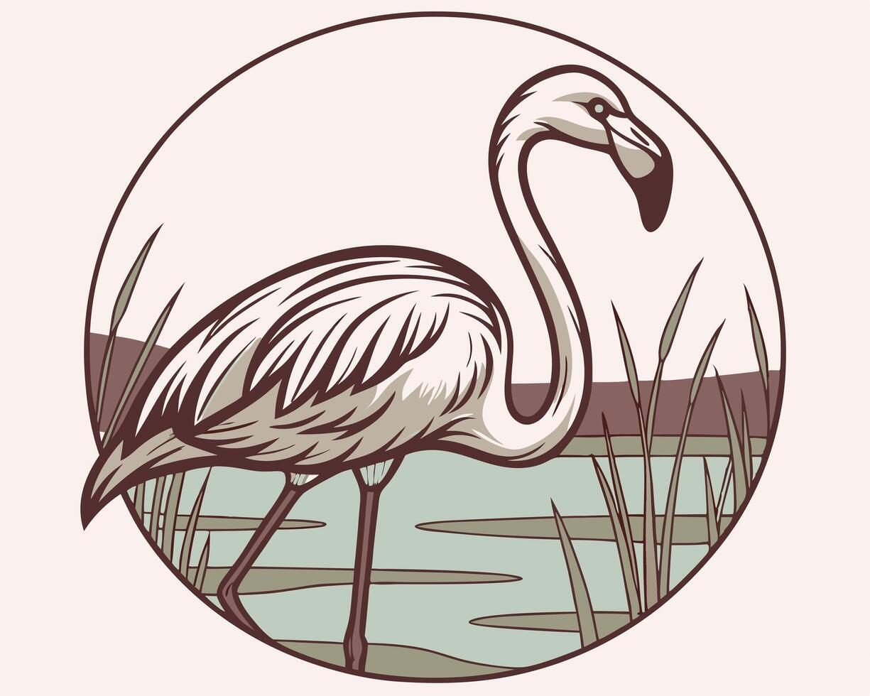 Elegant Flamingo Illustration in a Circle Frame with Natural Background Elements vector