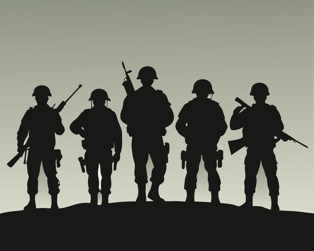 Silhouette of Armed Soldiers Standing on a Hill Against a Gradient Background vector