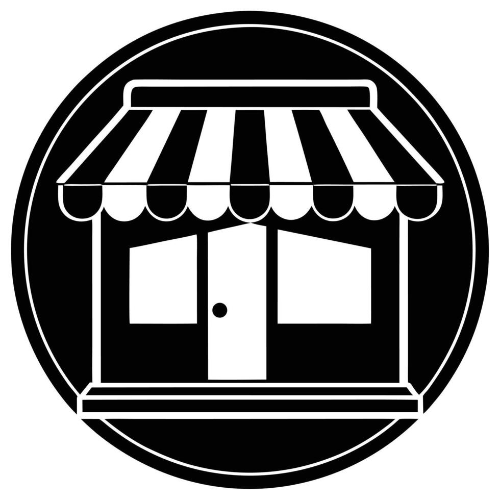 Black and White Storefront Icon with Striped Awning in Circle vector