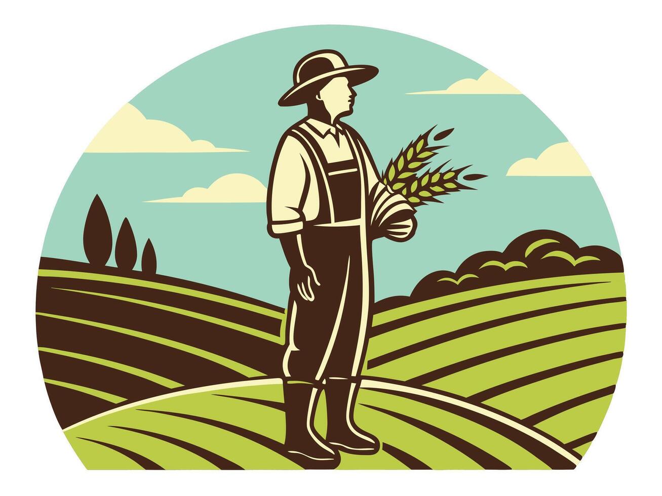 Vintage Style Farmer Standing in Field Holding Wheat Harvest vector