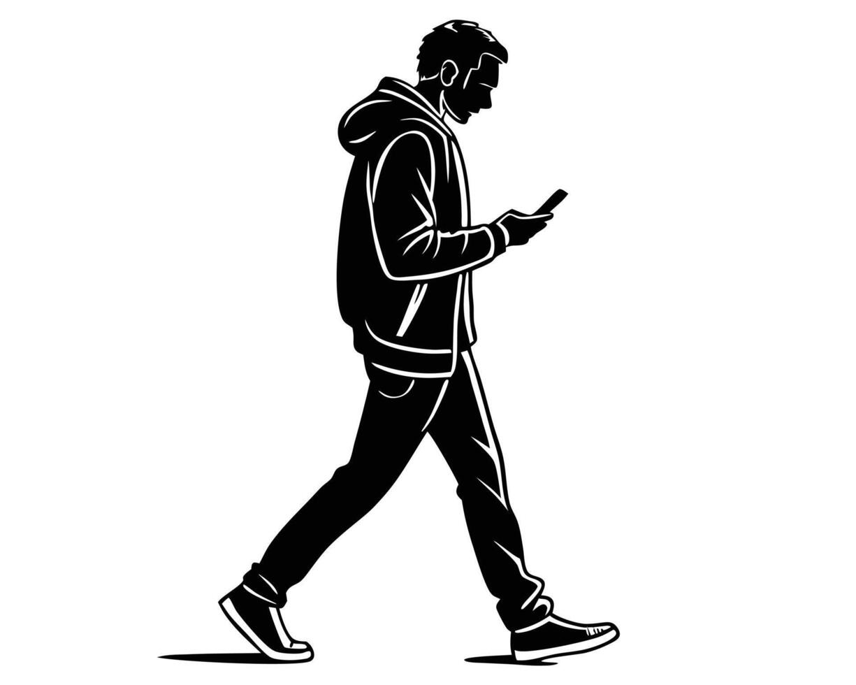Silhouette of a Man Walking and Looking at His Mobile Phone vector