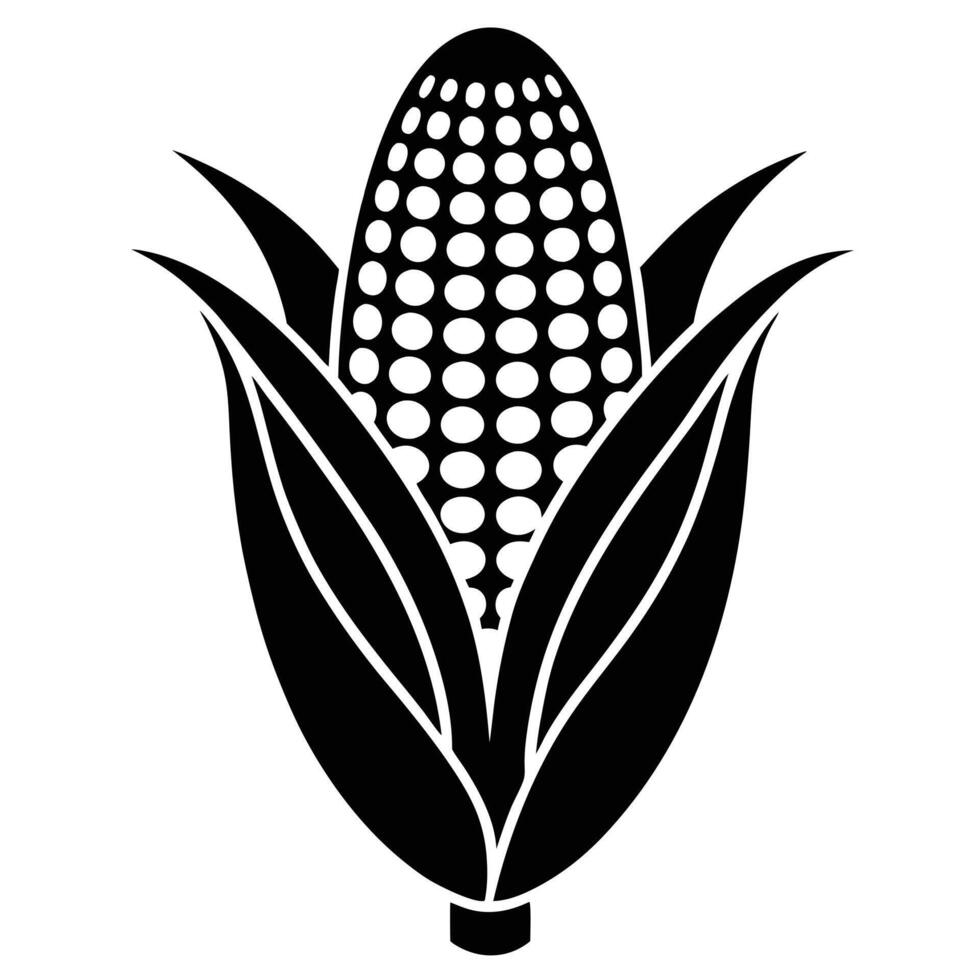 Black and White Corn Cob Illustration with Husk and Kernels vector