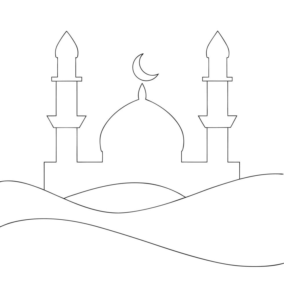 Simple Mosque Outline with Crescent Moon on Desert Hills Illustration vector