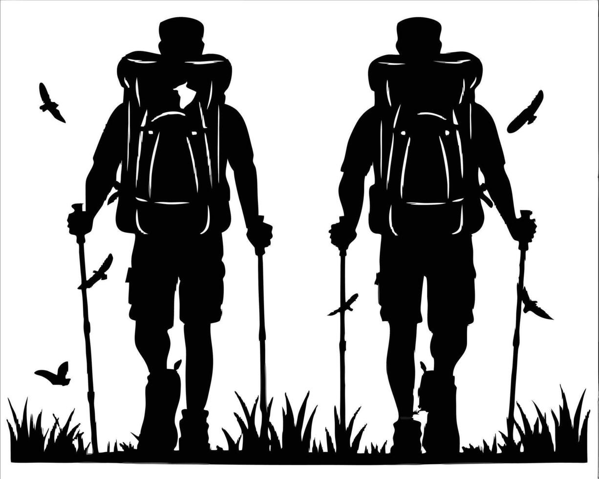 Silhouette of Two Hikers with Backpacks and Trekking Poles in Nature vector