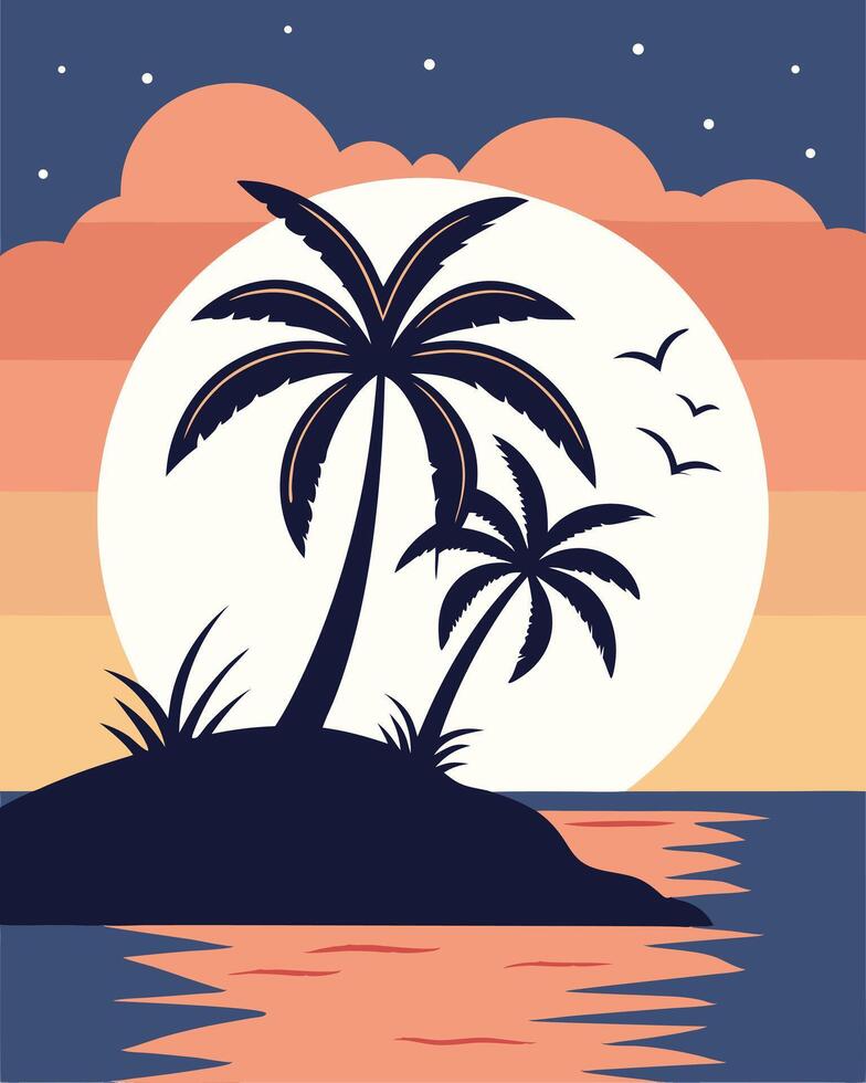 Tropical Island Sunset Silhouette with Palm Trees and Birds in Flight vector