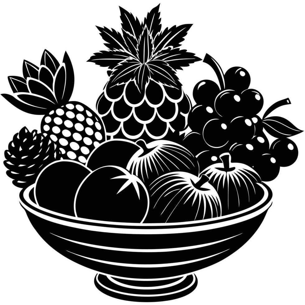 Monochrome Fruit Bowl Still Life Pineapple Grapes Apples and Pinecone vector