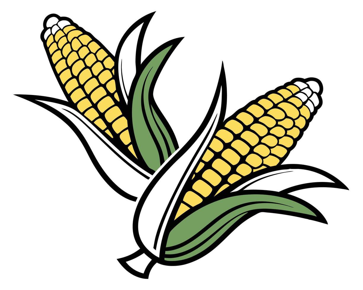 Illustration of Two Ears of Corn with Husks and Green Leaves vector