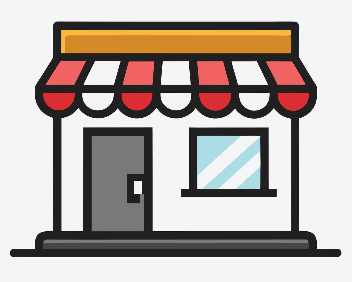 Simple Storefront Illustration with Red and White Awning and Gray Door vector