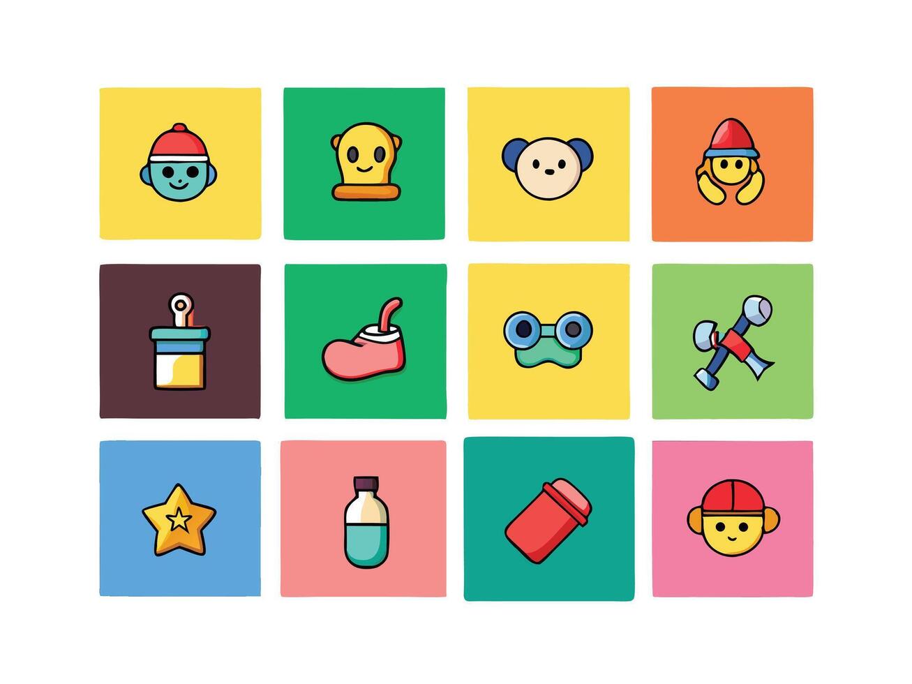 Collection of Cute Cartoon Icons on Colorful Squares for Children s Design vector