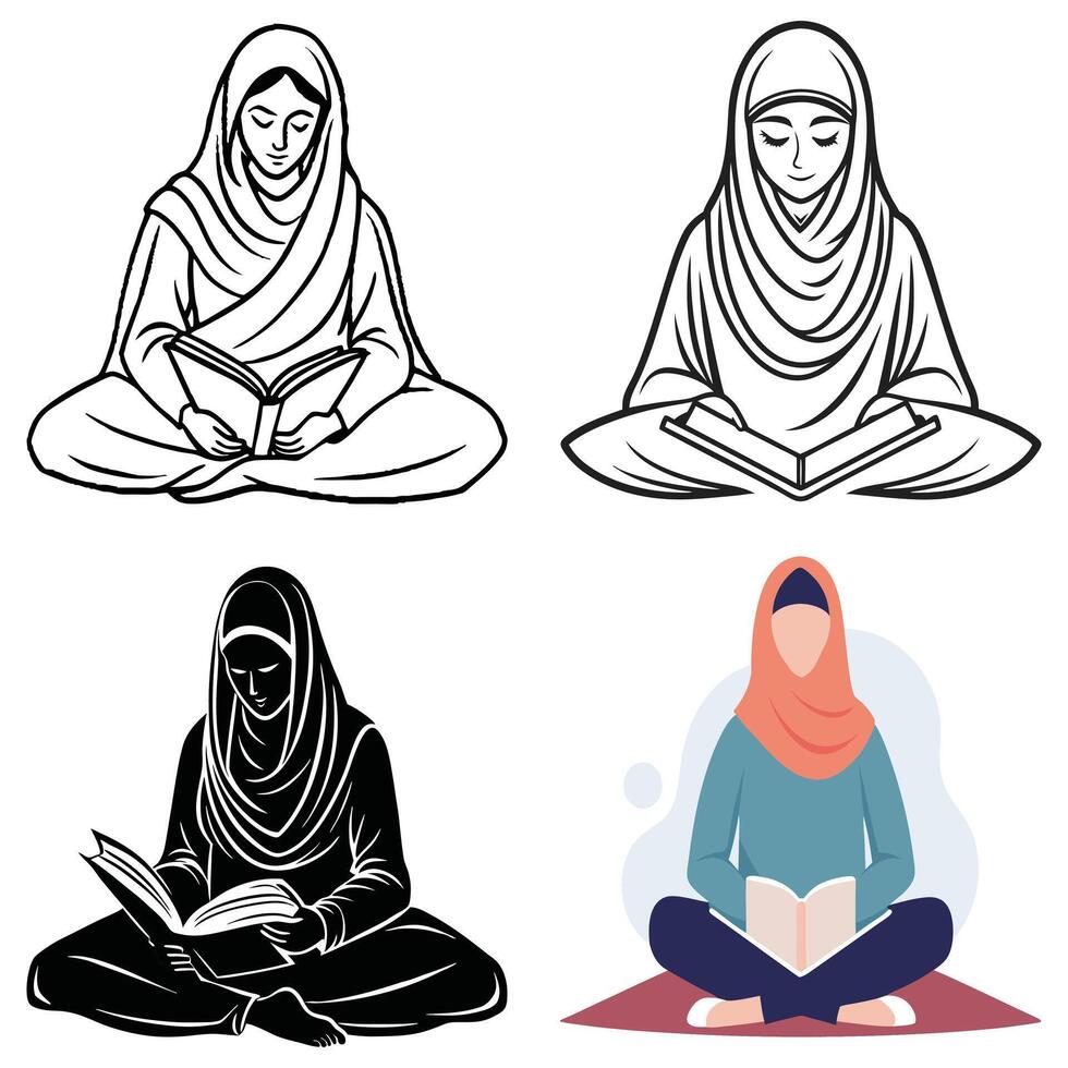 Four Illustrations of a Muslim Woman Reading a Book in Hijab vector