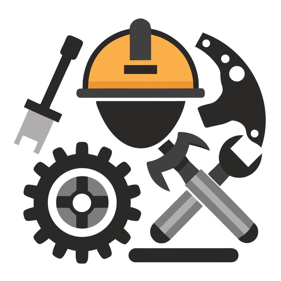 Construction and Engineering Tools with Hard Hat and Gear Illustration vector