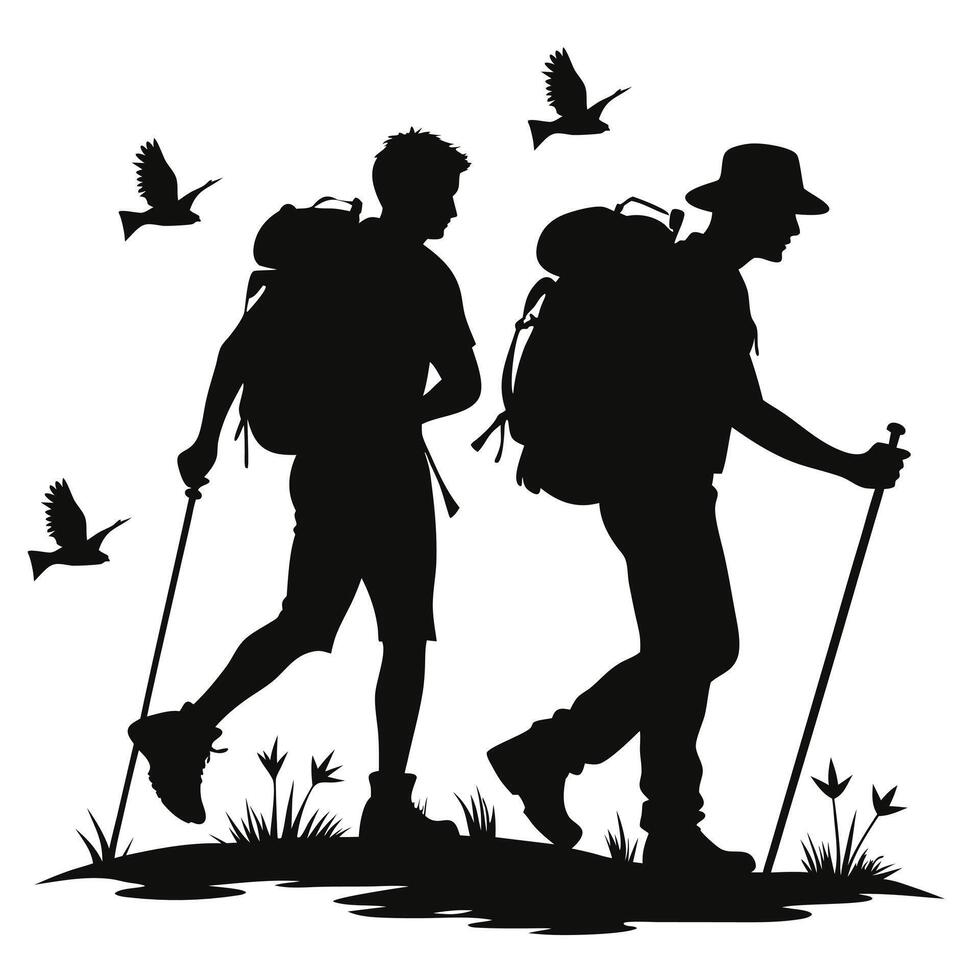 Silhouette of Two Hikers with Backpacks and Birds in Flight vector