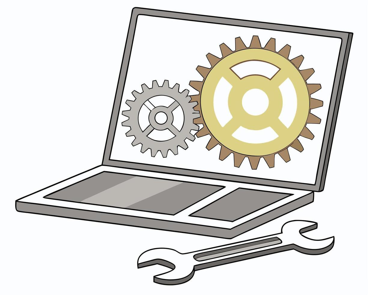 Laptop with Gears and Wrench Illustrating Technical Support or Software Development vector