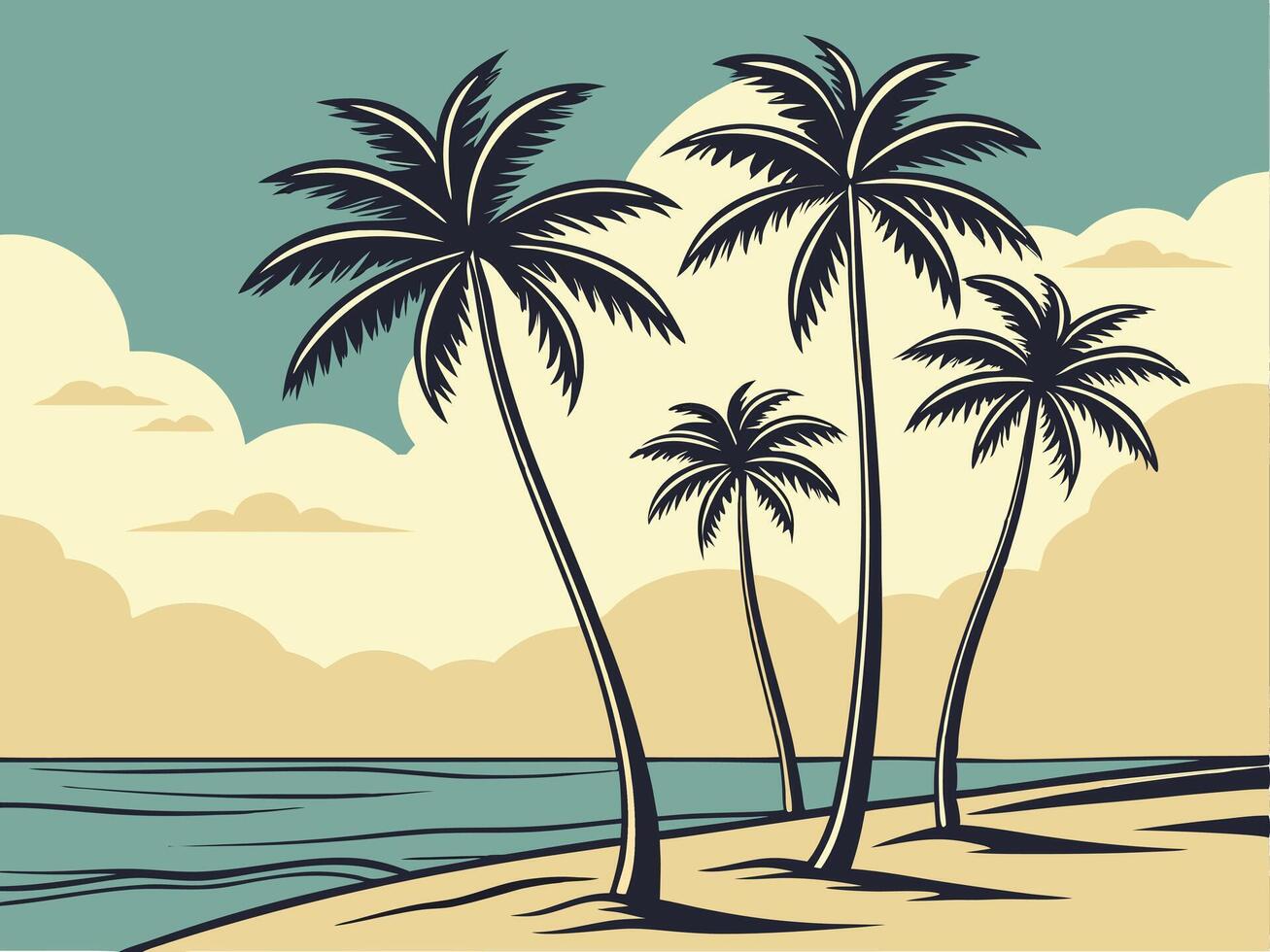 Retro Palm Tree Beach Scene with Ocean Sky and Clouds Illustration vector