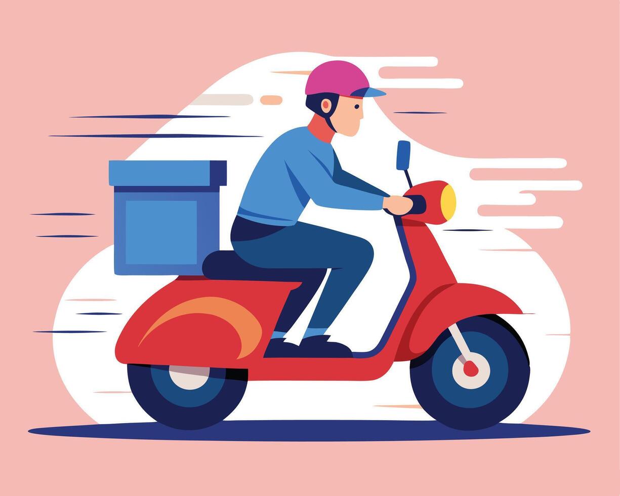Delivery Service Illustration Courier on Scooter with Box Against Abstract Background vector