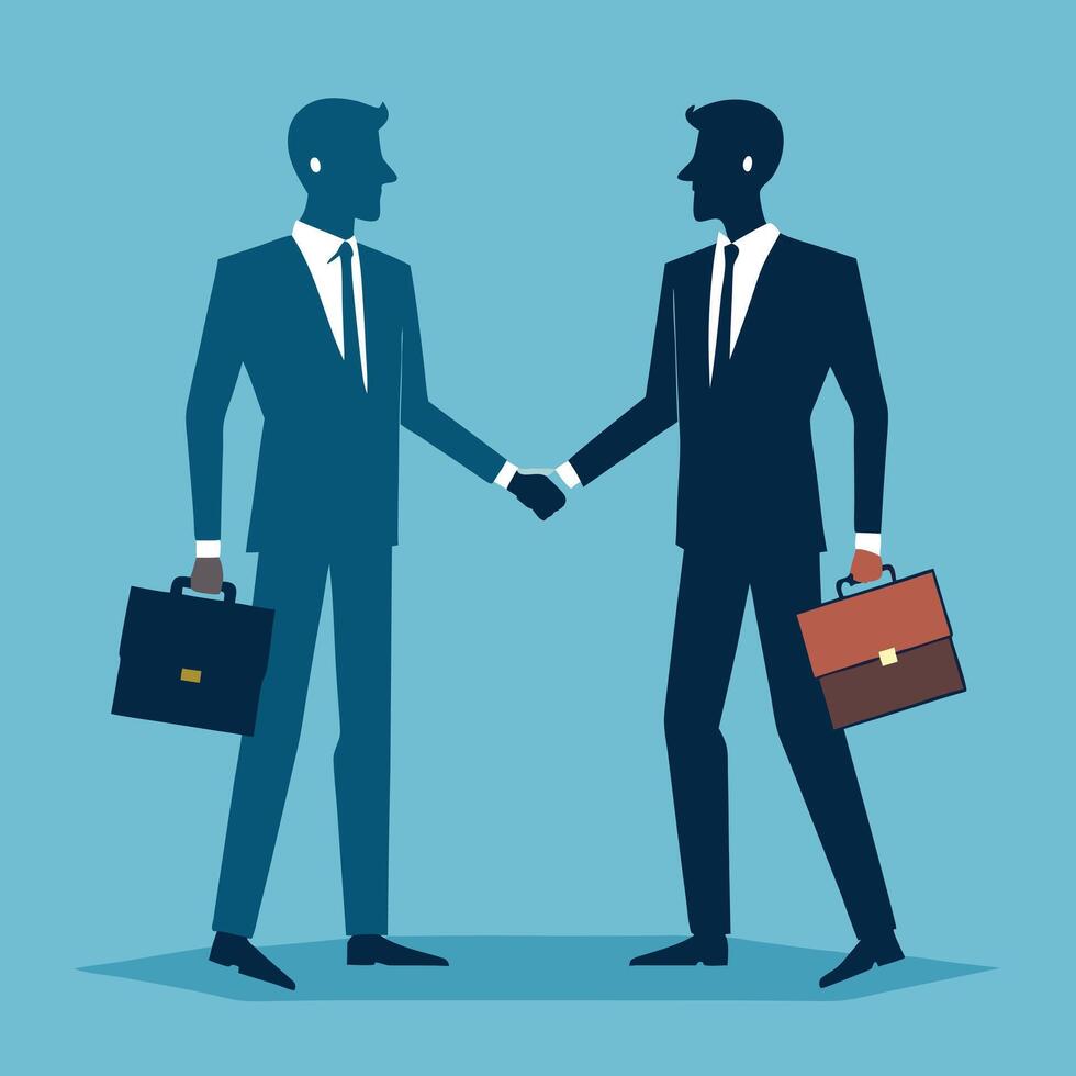 Business Deal Two Businessmen Shaking Hands with Briefcases on a Blue Background vector