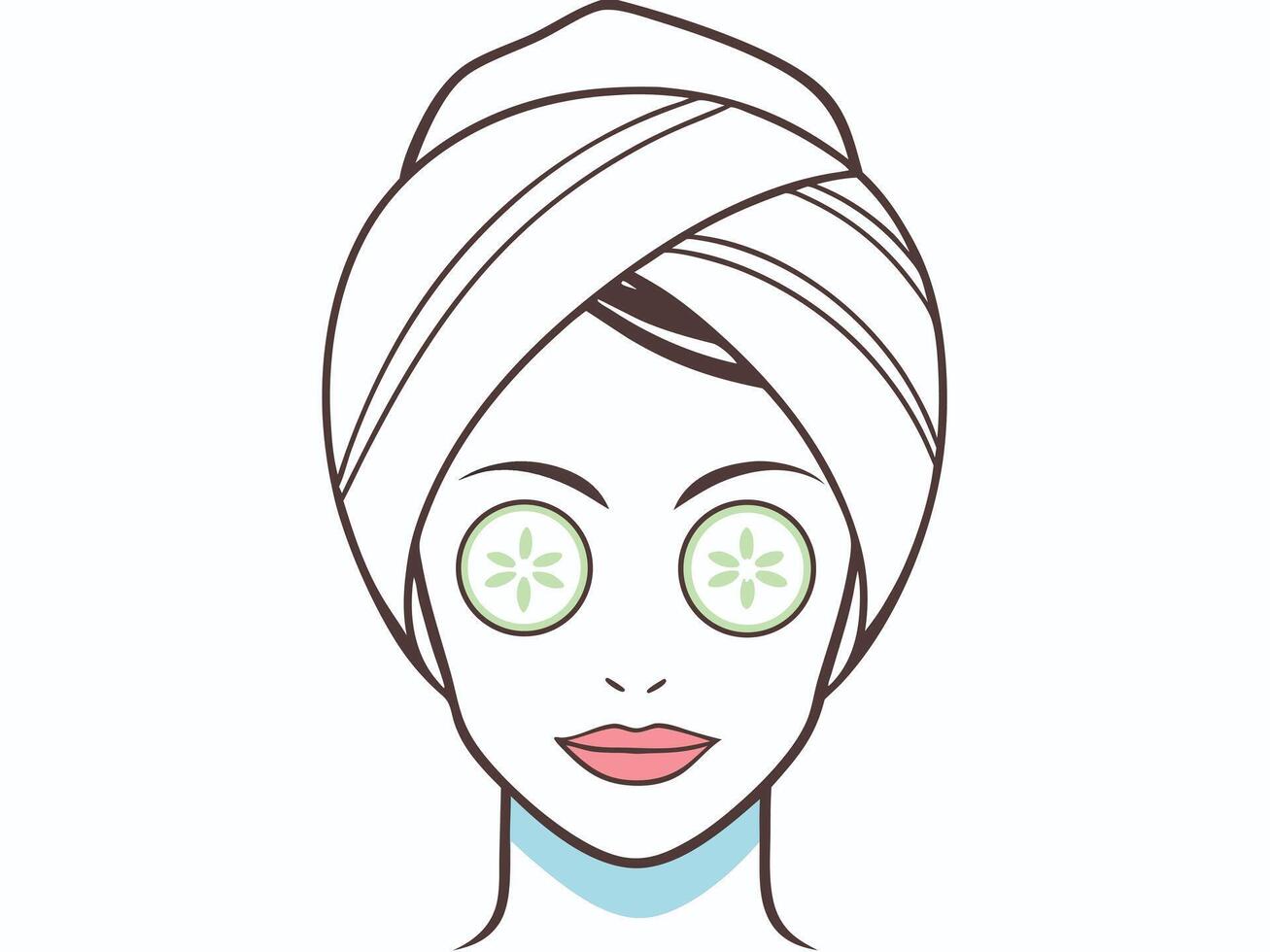 Woman with towel on head and cucumber slices on eyes for spa treatment vector