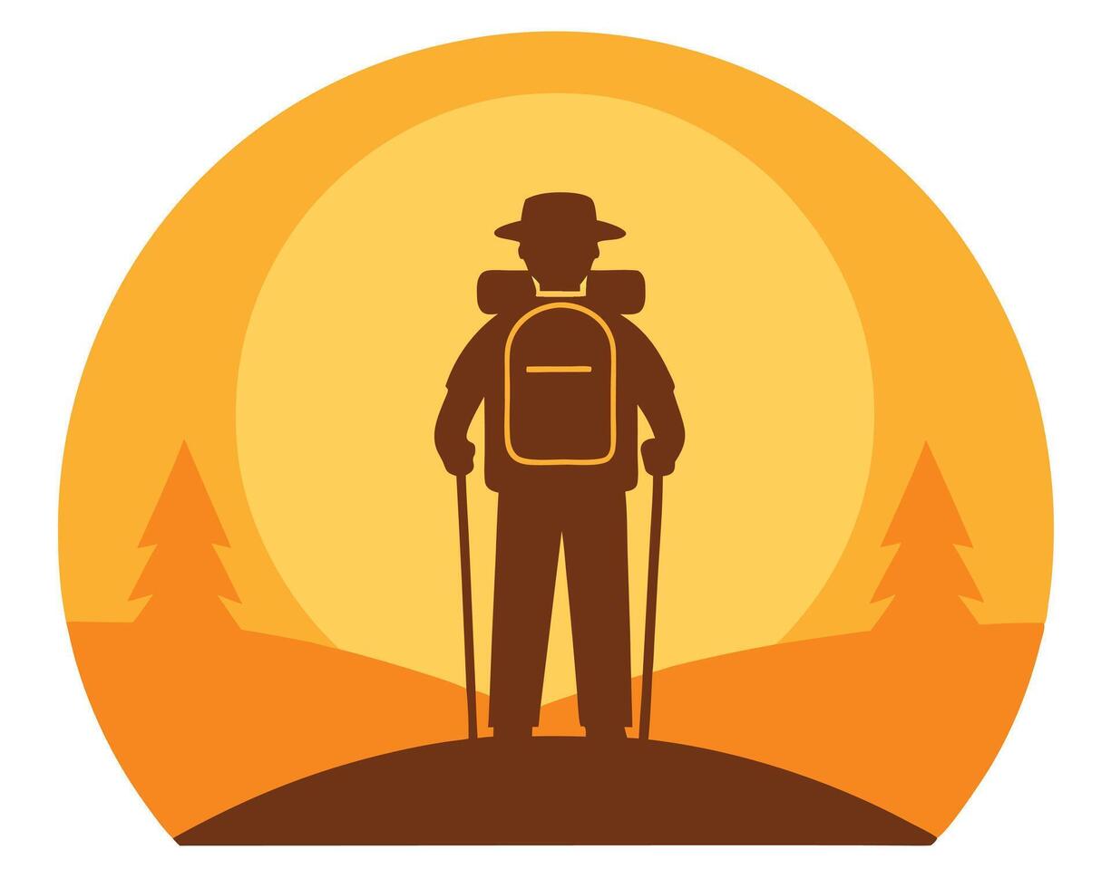 Silhouette of a Hiker with Backpack in a Mountainous Landscape vector