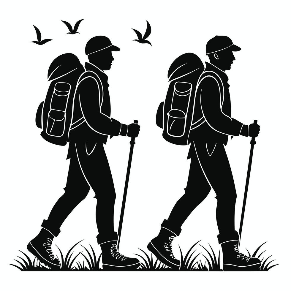Silhouette of Two Hikers with Backpacks and Walking Sticks in Nature vector