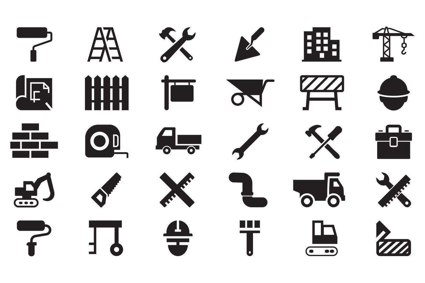 Collection of real estate and construction icon element. Containing crane, truck, hammer, building, manufacturing, vehicle, helmet, paint brush, ladder, brick, excavator, engineering tools and more vector
