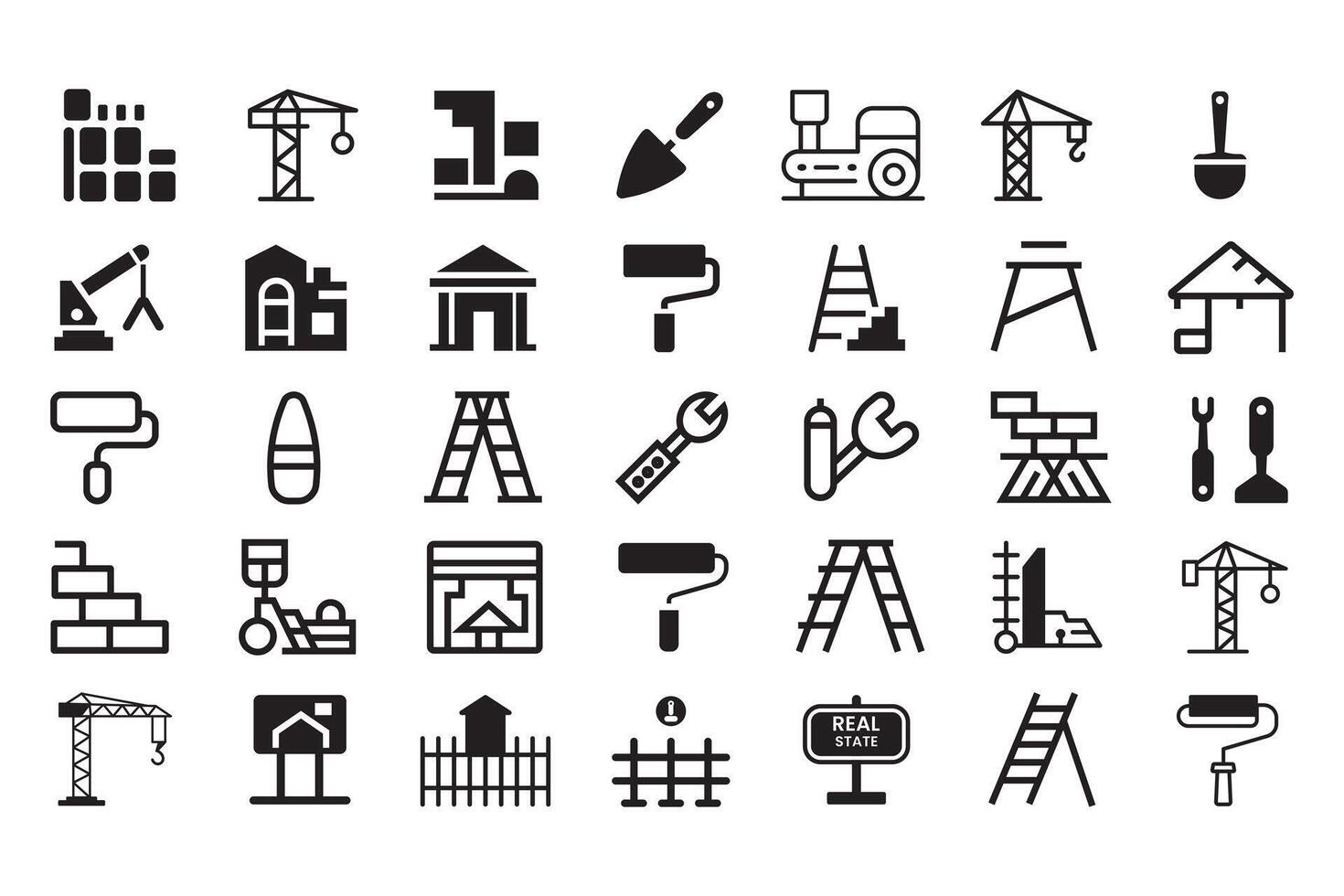 Construction icon element set. Containing crane, hammer, building, manufacturing, paint brush, ladder, brick, home interior, engineering tools and more vector