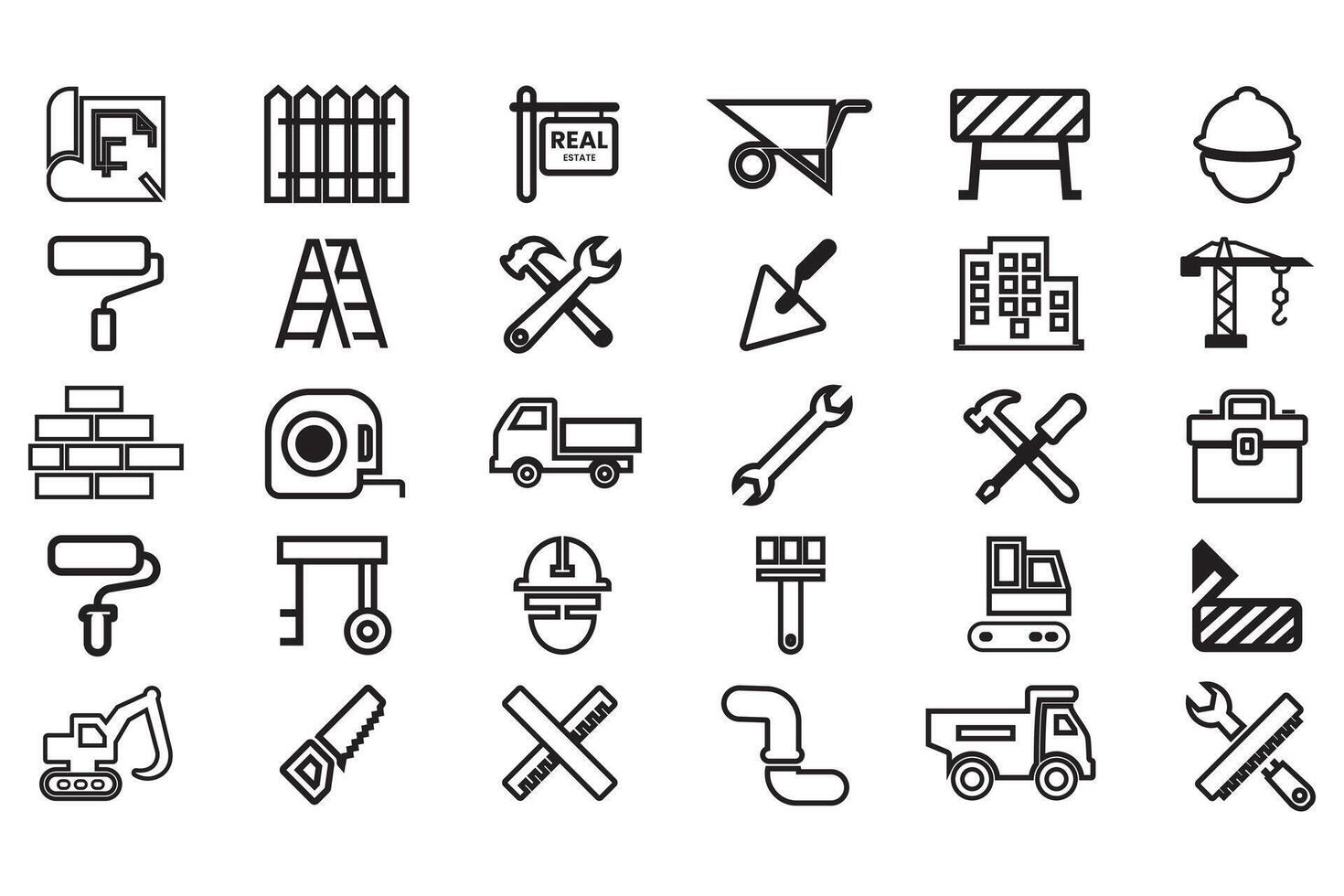 Bundle of real estate and construction icon element. The icon including crane, truck, hammer, vehicle, helmet, paint brush, ladder, brick, excavator, engineering building tools and more icon vector