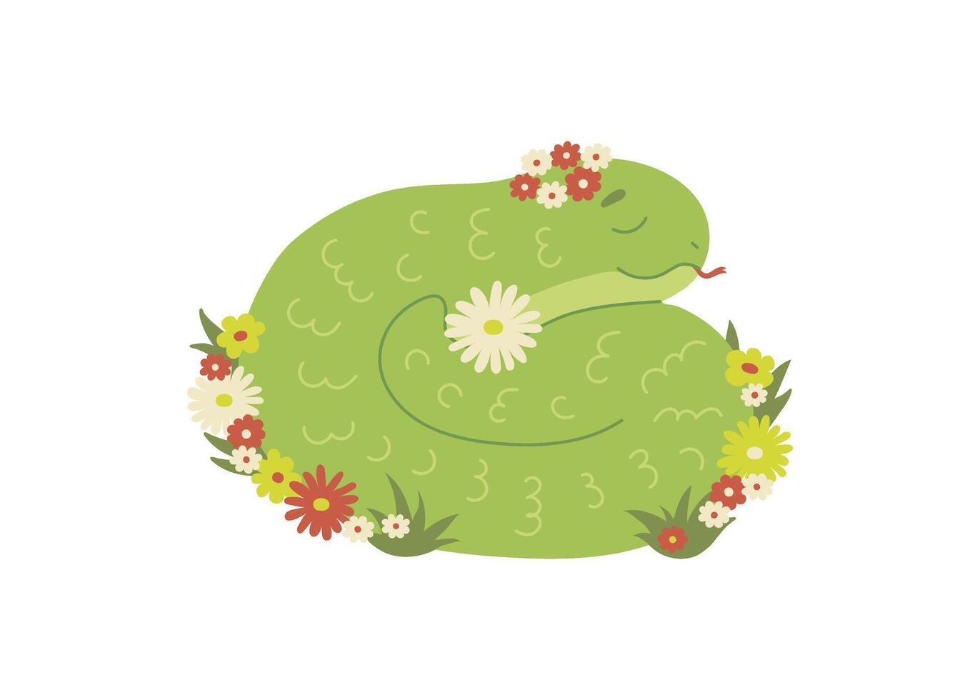 Cute green snake animal kawaii character in summer, symbol 2025 year. Wild reptile with tongue, serpent. Cartoon hand drawn for children illustration vector
