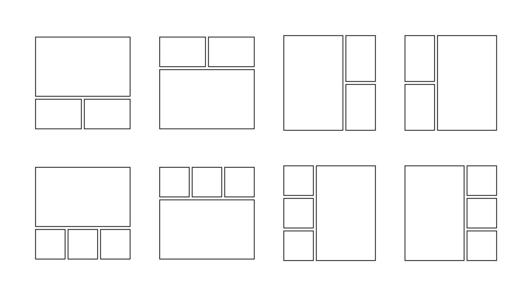 Frame collage from square and rectangle shape for photo, image template line set. Mood board layout, background. Gallery grid, mosaic puzzle outline illustration vector