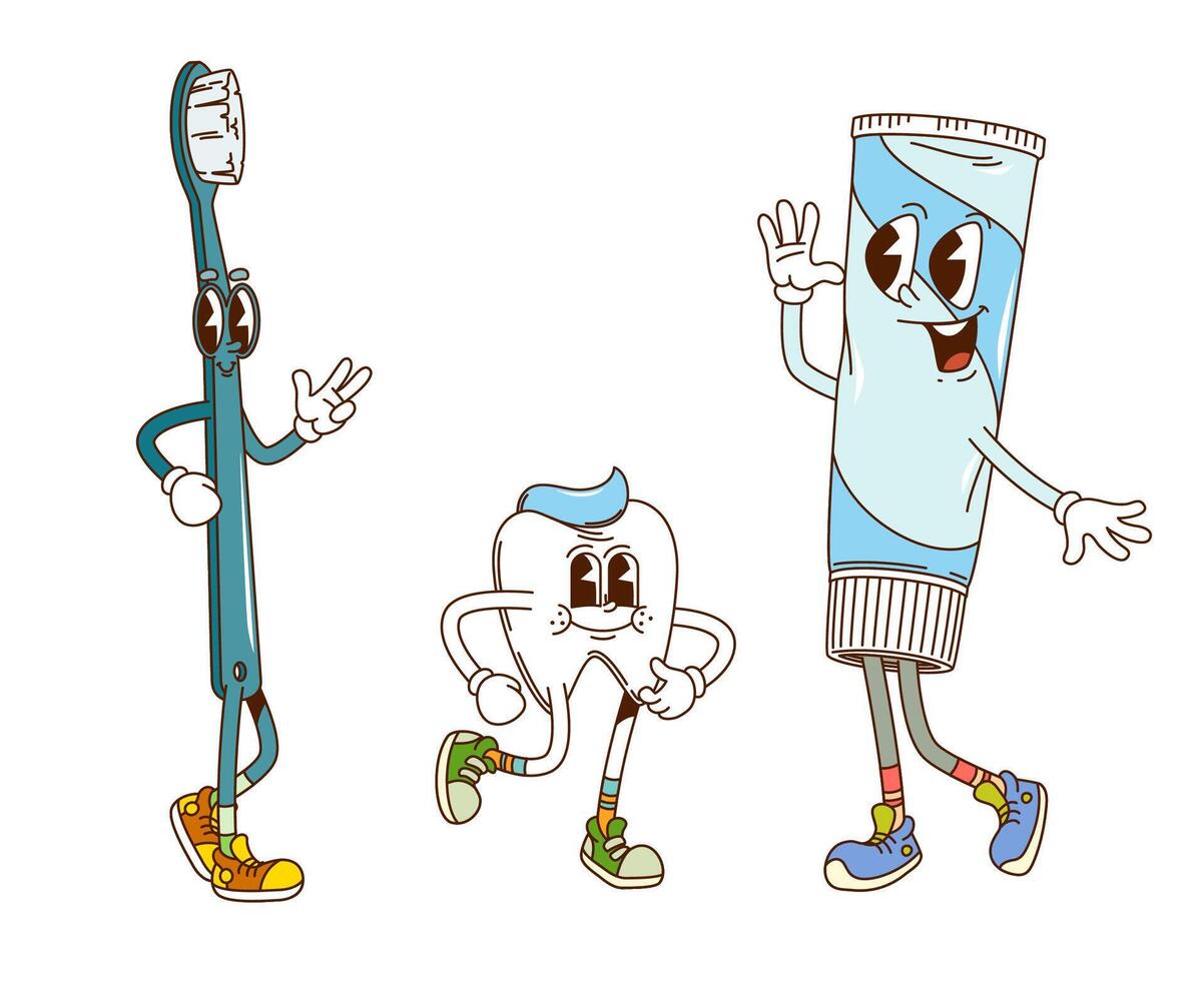 Groovy tooth, toothpaste and brush characters vector